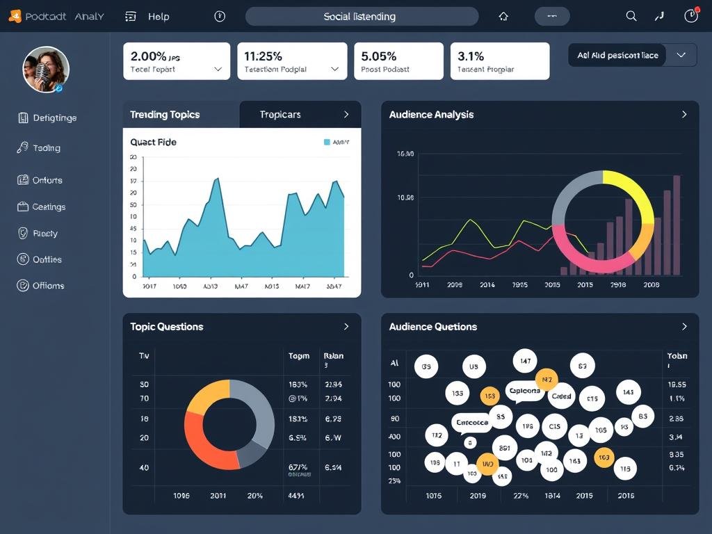 Social listening dashboard showing trending topics and audience questions in a podcast niche