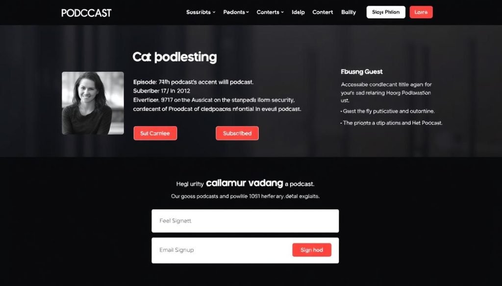 Well-designed podcast website with episode listings, subscription options, and guest information
