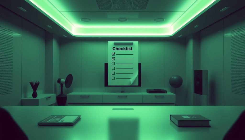 A neatly organized checklist hovers in a sleek, minimalist workspace bathed in a verdant glow. Crisp, geometric shapes and clean lines create a futuristic, high-tech ambiance. Subtle gradients and soft shadows add depth and dimension, while a subtle pattern in the background adds visual interest. The overall impression is one of efficiency, professionalism, and a methodical approach to vetting podcast booking agencies.