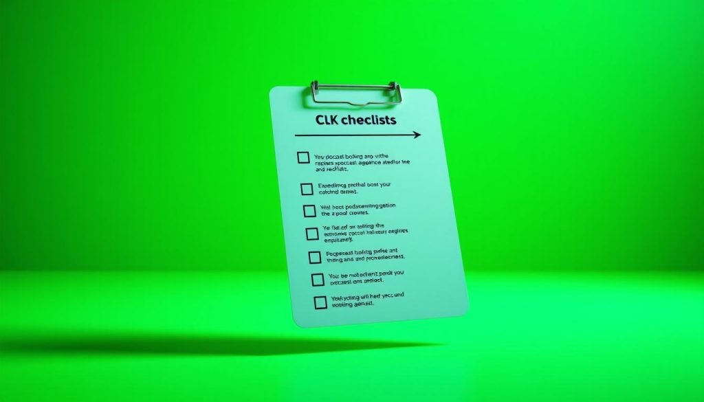 A sleek, futuristic checklist hovers in a vibrant green-hued environment. Sharp, high-resolution polygonal shapes create a modern, minimalist aesthetic. Crisp shadows and strategic lighting emphasize the checklist's key elements, drawing the viewer's attention to potential "red flags" one might encounter when vetting podcast booking agencies. The overall mood is one of clinical precision and measured assessment, reflecting the careful consideration required when navigating the podcast guest appearance landscape.