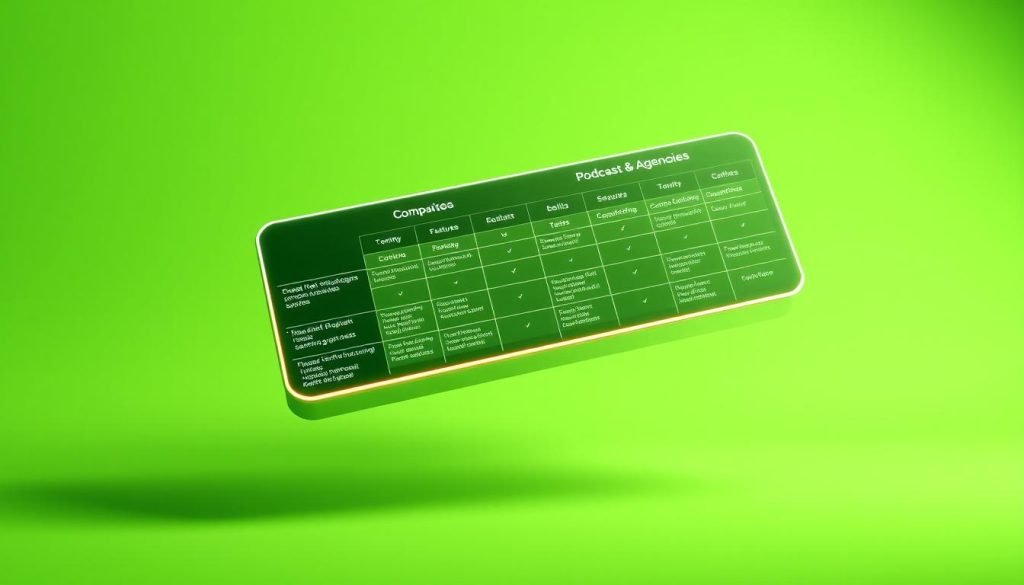 A sleek, futuristic comparison chart floating against a vibrant green backdrop, showcasing the key features and benefits of different podcast guesting agencies in a clean, visually striking manner. The chart hovers in a minimalist, three-dimensional space, with crisp lines, elegant typography, and subtle data visualizations that convey the information in a sophisticated, easy-to-digest format. The overall impression is one of technological sophistication, data-driven insights, and a forward-thinking approach to evaluating podcast guesting services for a SaaS startup. A sleek, futuristic comparison chart floating against a vibrant green backdrop, showcasing the key features and benefits of different podcast guesting agencies in a clean, visually striking manner. The chart hovers in a minimalist, three-dimensional space, with crisp lines, elegant typography, and subtle data visualizations that convey the information in a sophisticated, easy-to-digest format. The overall impression is one of technological sophistication, data-driven insights, and a forward-thinking approach to evaluating podcast guesting services for a SaaS startup.