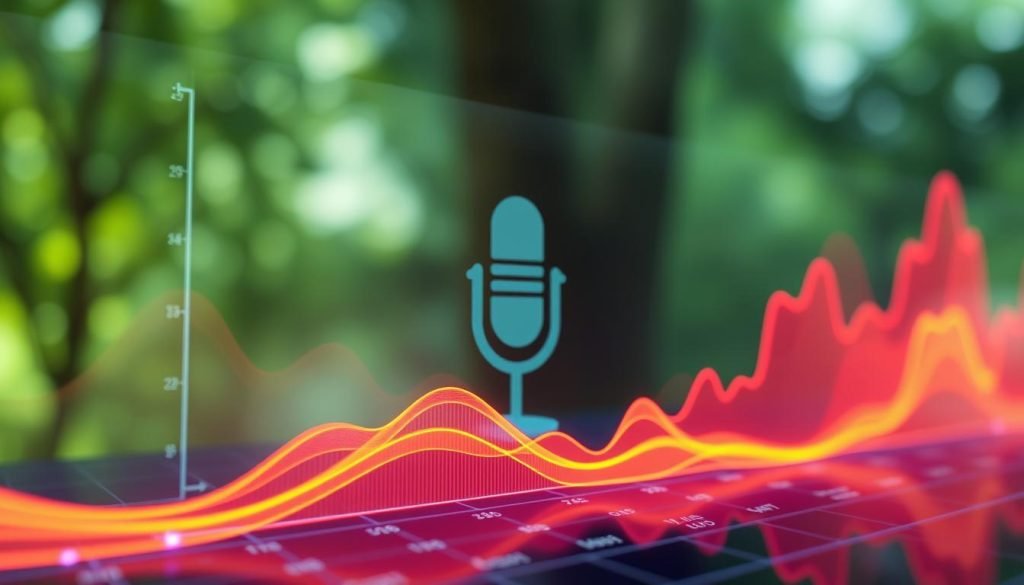 A sleek, futuristic data visualization showcases the growth trajectory of AI-powered podcast search. In the foreground, a holographic graph displays colorful, undulating lines representing audience and subscriber metrics. The middle ground features a stylized microphone and sound waves, hinting at the audio content driving the search data. The background is shrouded in a serene, verdant hue, conveying a sense of natural technology integration. High-resolution, clean lines and a sharp, minimalist aesthetic create an aspirational, cutting-edge atmosphere befitting the AI search podcast growth theme.
