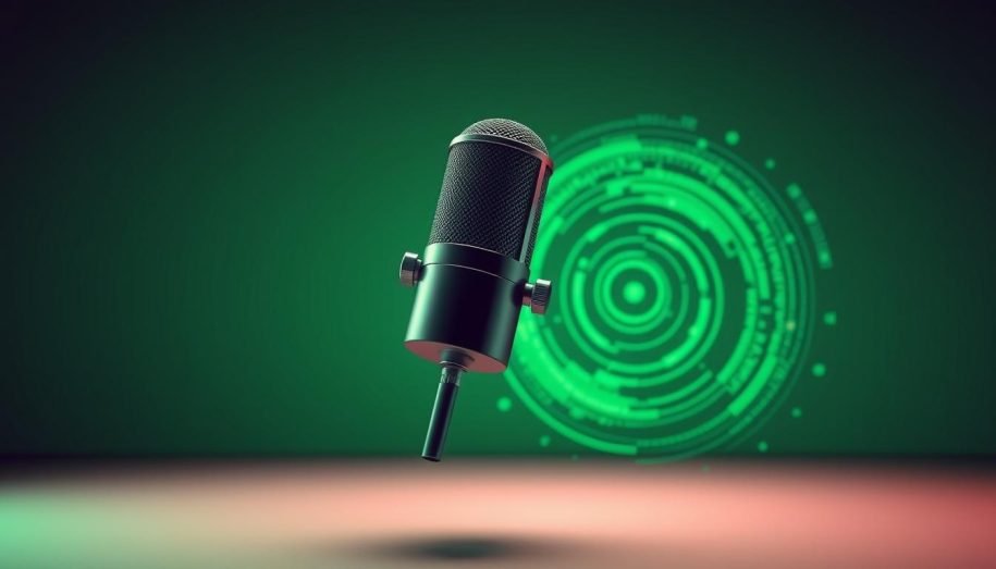 A sleek, futuristic podcast microphone floating in a minimalist, green-tinted environment. The microphone hovers against a backdrop of swirling data visualizations, representing the power of AI-driven search algorithms to boost podcast visibility. The scene exudes a sense of technological sophistication and forward-thinking innovation, perfectly capturing the essence of the "Increase Your Online Visibility with AI Search" section of the article.