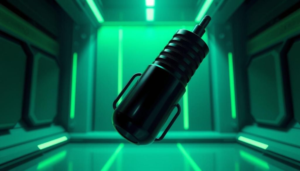 A sleek, futuristic podcast recording studio with a stylized microphone as the central focus. The microphone is suspended in midair, its glossy black surface reflecting the vibrant green hues that suffuse the entire scene. The background features a minimalist, high-tech aesthetic, with clean lines and geometric patterns creating a sense of depth and amplification. Soft, directional lighting casts dramatic shadows, adding depth and drama to the composition. The overall atmosphere conveys the idea of podcast guest appearance amplification, where the microphone is elevated and empowered, ready to capture and broadcast the guest's voice to a wider audience.