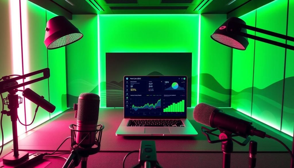 A sleek, futuristic podcast studio with a glowing green hue. In the foreground, an array of high-quality microphones and audio equipment, conveying a professional and cutting-edge setup. The middle ground features a laptop displaying a visually engaging dashboard, showcasing metrics and analytics related to podcast guest appearances and their impact on website SEO. In the background, a minimalist landscape with abstract shapes and patterns, adding a sense of depth and sophistication to the scene. The lighting is directional, casting dramatic shadows and highlights that accentuate the technological elements. The overall atmosphere is one of innovation, data-driven insights, and a strong focus on leveraging podcast guest appearances to boost online visibility and search engine optimization.