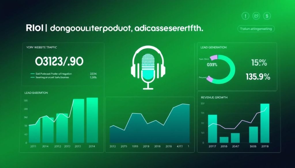A sleek, modern data dashboard showcasing the return on investment (ROI) from podcast guesting for a SaaS business. In the foreground, a series of intuitive graphs and charts illustrate key metrics like increased website traffic, lead generation, and revenue growth. The middle ground features a stylized microphone and headphones, symbolizing the podcast integration. The background has a vibrant green hue, conveying the profitability and sustainability of this marketing strategy. The overall scene radiates a futuristic, high-tech aesthetic with clean lines, sharp details, and a sense of precision. A sleek, modern data dashboard showcasing the return on investment (ROI) from podcast guesting for a SaaS business. In the foreground, a series of intuitive graphs and charts illustrate key metrics like increased website traffic, lead generation, and revenue growth. The middle ground features a stylized microphone and headphones, symbolizing the podcast integration. The background has a vibrant green hue, conveying the profitability and sustainability of this marketing strategy. The overall scene radiates a futuristic, high-tech aesthetic with clean lines, sharp details, and a sense of precision.