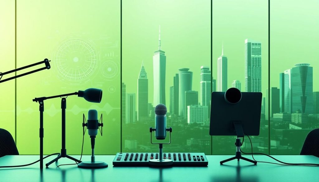 A sleek, modern office workspace with a stylized podcast recording setup in the foreground. Minimalist microphones, headphones, and mixing equipment against a gradient of green hues, conveying the evolution and integration of podcast guesting services into contemporary marketing strategies. The middle ground features abstract data visualizations and holographic interfaces, hinting at the data-driven, technology-driven nature of modern podcast guest placement. In the background, a cityscape of gleaming skyscrapers and futuristic architecture, symbolizing the broader ecosystem of digital marketing and the growing prominence of podcast guesting as a key component. Crisp, high-resolution rendering with a sense of sleek sophistication and technological advancement.