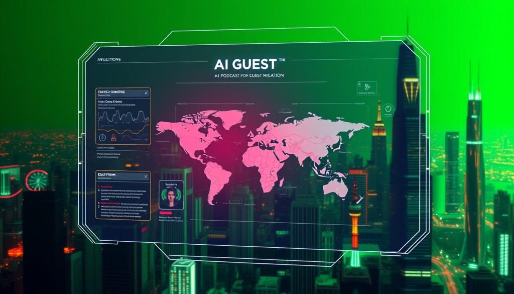 A strategic guest selection for an AI podcast optimization, set against a vibrant green hue. In the foreground, a holographic display showcases insightful data analytics, guiding the selection process. The middle ground features a stylized world map, highlighting diverse guest profiles. In the background, a futuristic cityscape with towering skyscrapers and advanced technology creates an immersive, forward-looking atmosphere. The lighting is crisp and directional, accentuating the clean, sharp details of this high-resolution, futuristic scene.