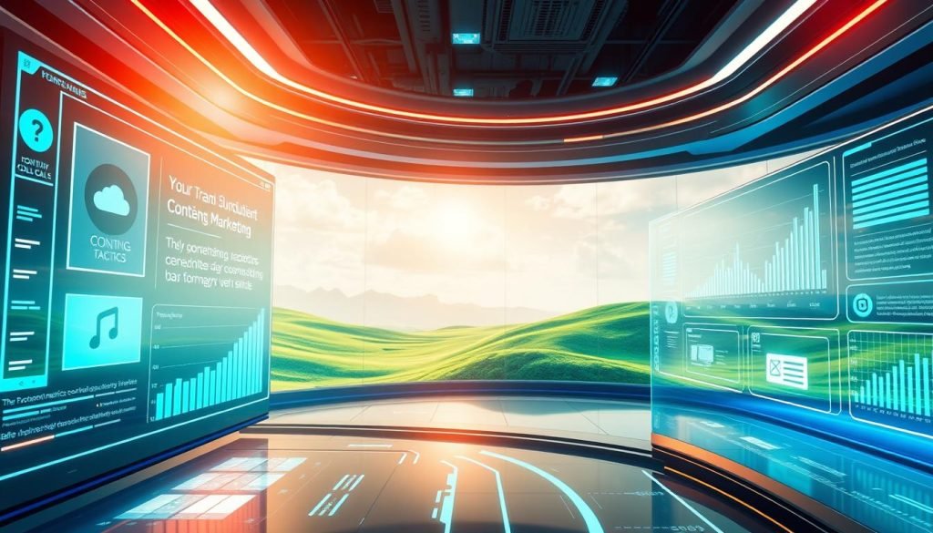A vibrant, futuristic scene depicting the evolution of B2B content marketing. In the foreground, a sophisticated digital interface showcases a transition from traditional tactics like cold calls to a more authentic, conversational approach. The middle ground features sleek, minimalist graphics and data visualizations, representing the data-driven insights driving this shift. In the background, a serene, green-hued landscape hints at the sustainable, organic nature of this new era of B2B content. The scene exudes a sense of progress, dynamism, and a forward-thinking perspective on the future of B2B marketing communication. A vibrant, futuristic scene depicting the evolution of B2B content marketing. In the foreground, a sophisticated digital interface showcases a transition from traditional tactics like cold calls to a more authentic, conversational approach. The middle ground features sleek, minimalist graphics and data visualizations, representing the data-driven insights driving this shift. In the background, a serene, green-hued landscape hints at the sustainable, organic nature of this new era of B2B content. The scene exudes a sense of progress, dynamism, and a forward-thinking perspective on the future of B2B marketing communication.