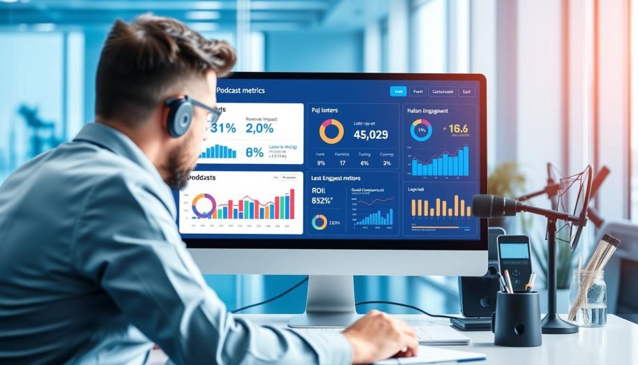 Business professional analyzing AI podcast metrics on a dashboard showing revenue impact