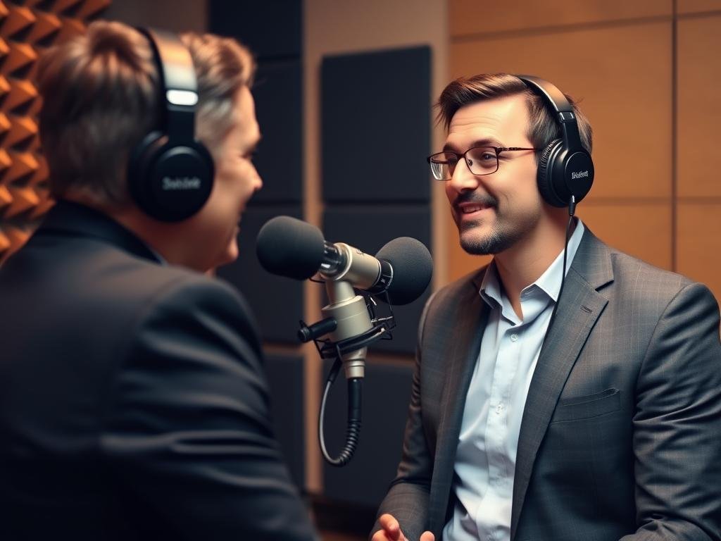 Business professional being interviewed as a podcast guest with professional microphone setup Business professional being interviewed as a podcast guest with professional microphone setup