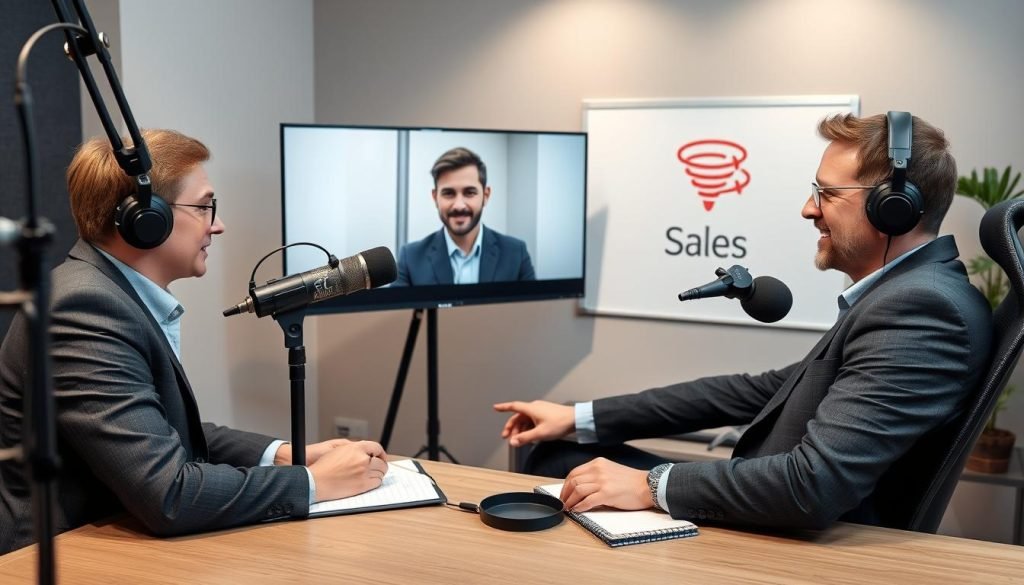 Business professional hosting a podcast interview with a guest, showing the Podcast-to-Client Funnel in action Business professional hosting a podcast interview with a guest, showing the Podcast-to-Client Funnel in action