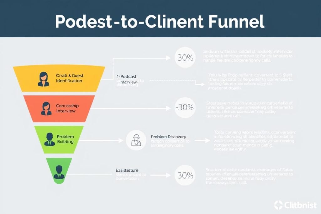 Diagram showing how podcast guests convert to clients through the Podcast-to-Client Funnel Diagram showing how podcast guests convert to clients through the Podcast-to-Client Funnel