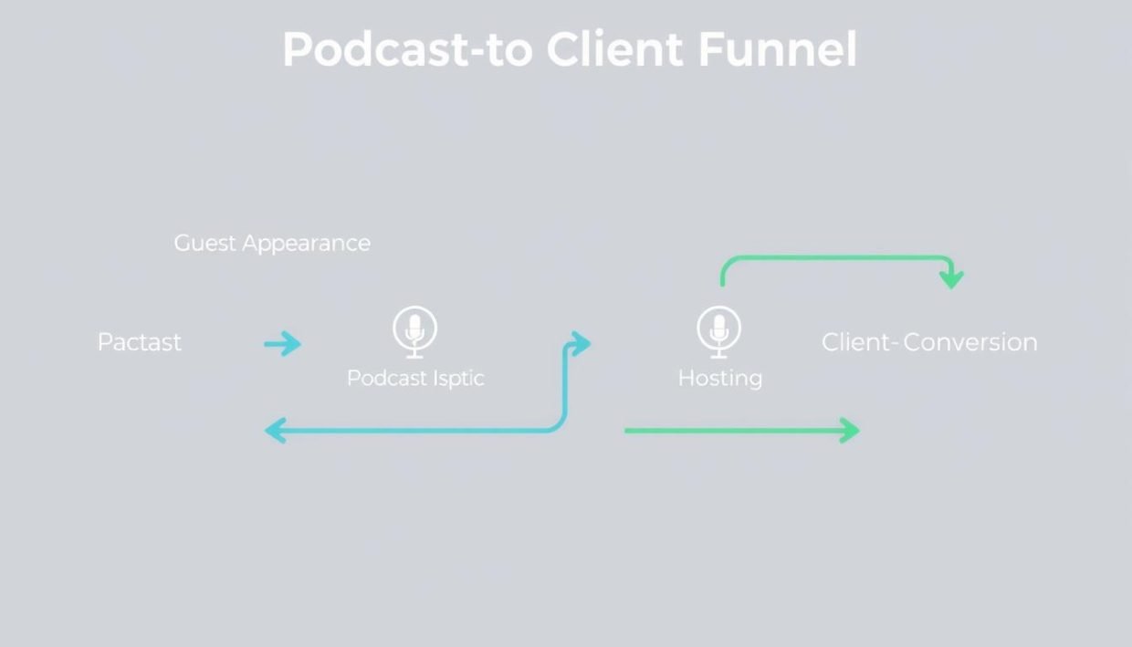 Podcast-to-Client Funnel diagram showing the journey from podcast guest to paying client
