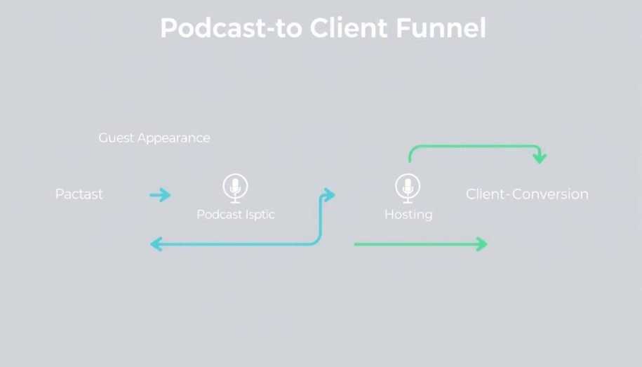 Podcast-to-Client Funnel diagram showing the journey from podcast guest to paying client