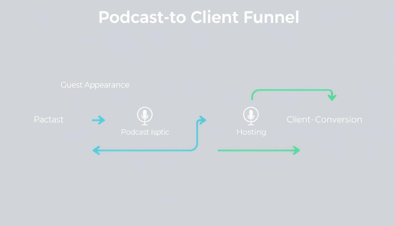 Podcast-to-Client Funnel diagram showing the journey from podcast guest to paying client