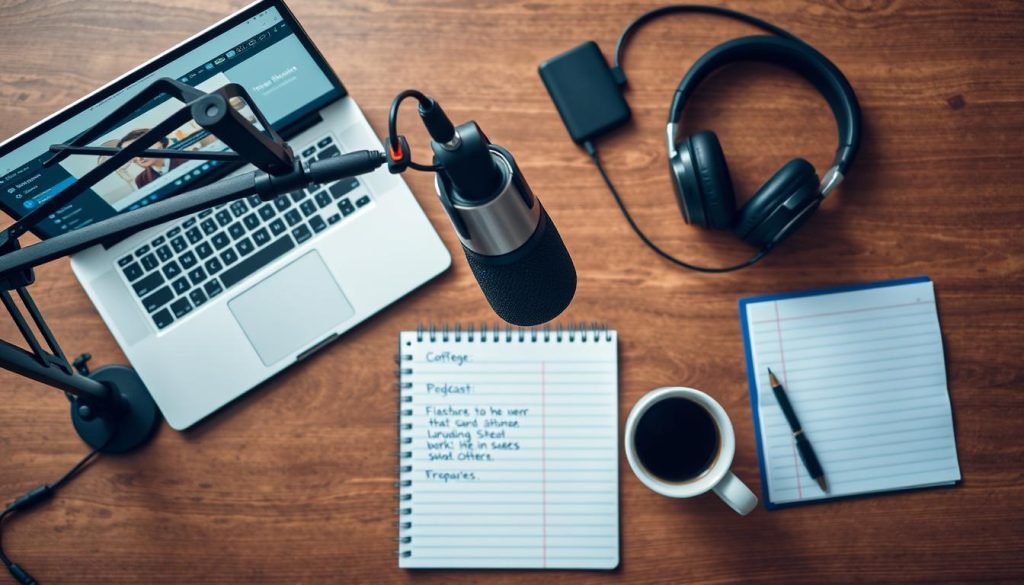 Professional podcast setup with microphone, headphones, and laptop showing recording software Professional podcast setup with microphone, headphones, and laptop showing recording software