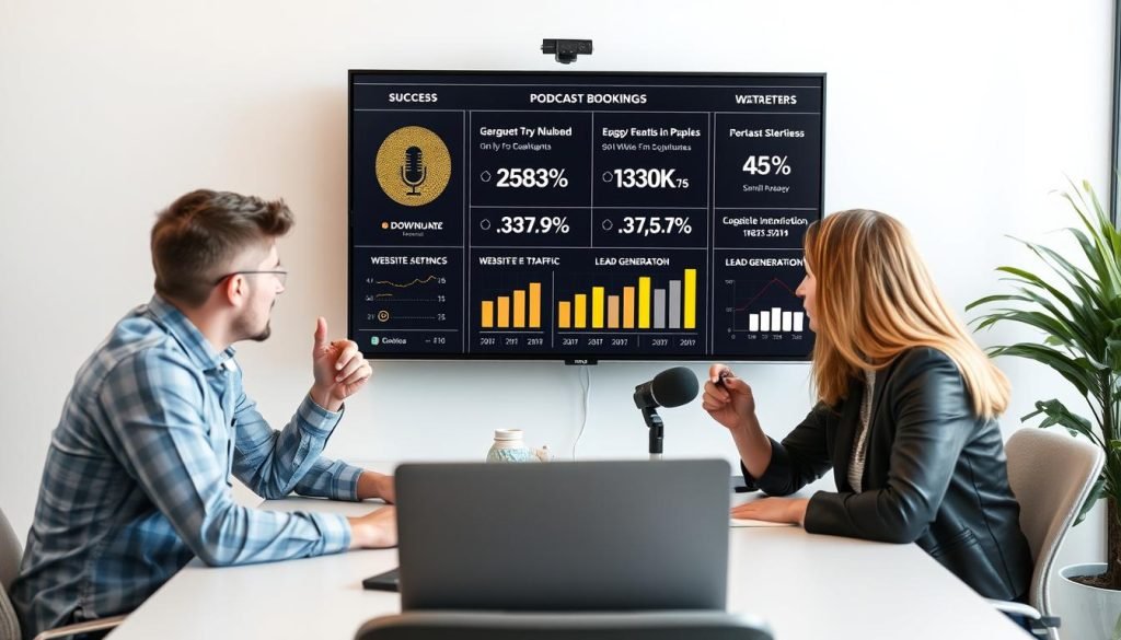 Marketing agency team implementing podcast guest booking for clients Marketing agency team implementing podcast guest booking for clients